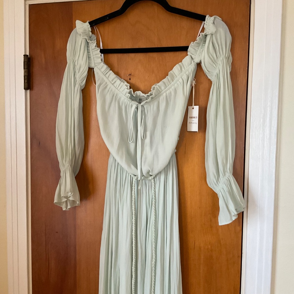 Forever 21 Long Sleeve Sheer Off The Shoulder Dress Sea Foam Green Gown Sz XS - Picture 2 of 13
